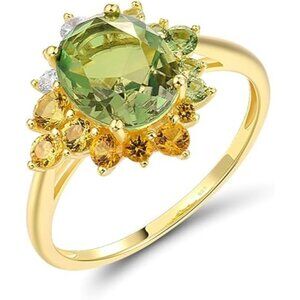 Sunflower-Oval Green Sterling Silver Gemstone Flower Ring for Women